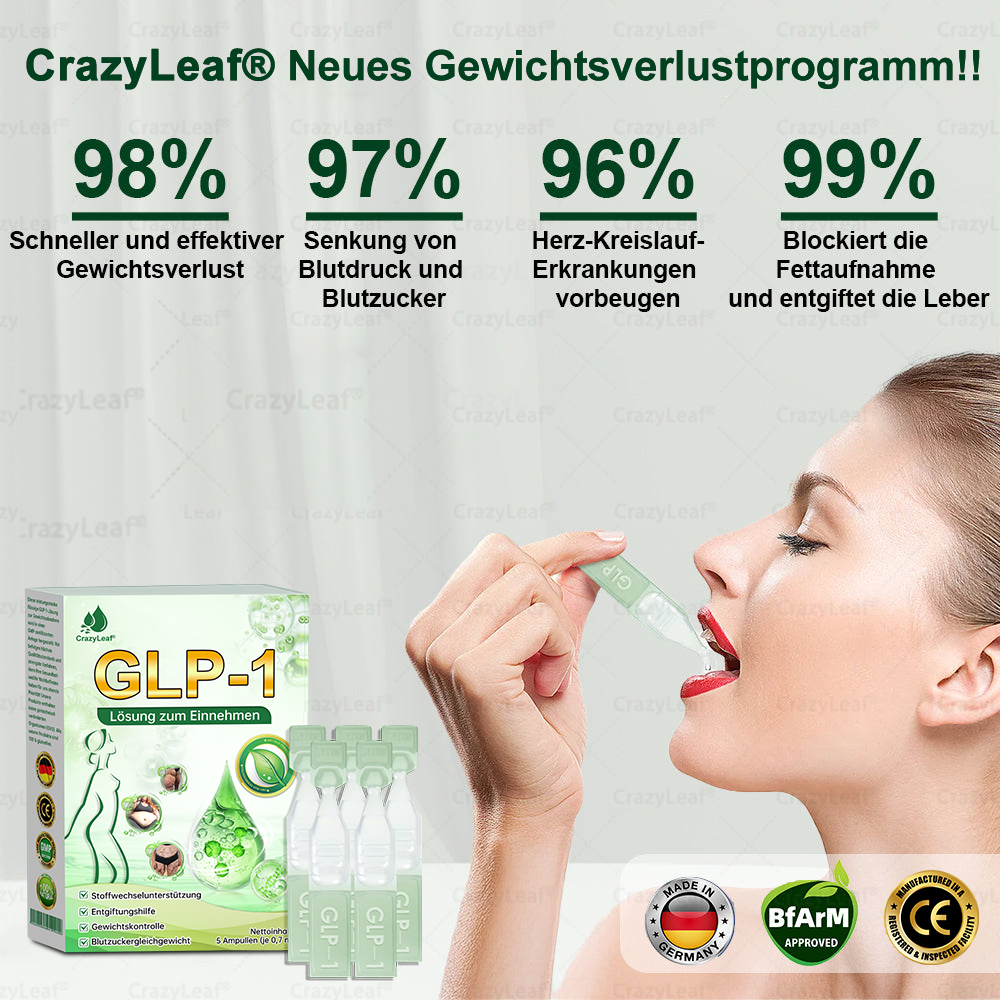 CrazyLeaf® GLP-1 Lösung zum Einnehmen 🍀 Nur 1x pro Woche, erste Veränderungen in 7 Tagen sichtbar ✅ Für Adipositas, Herz-Kreislauf, Diabetes, Schlafapnoe, Gelenke und mehr 🍀