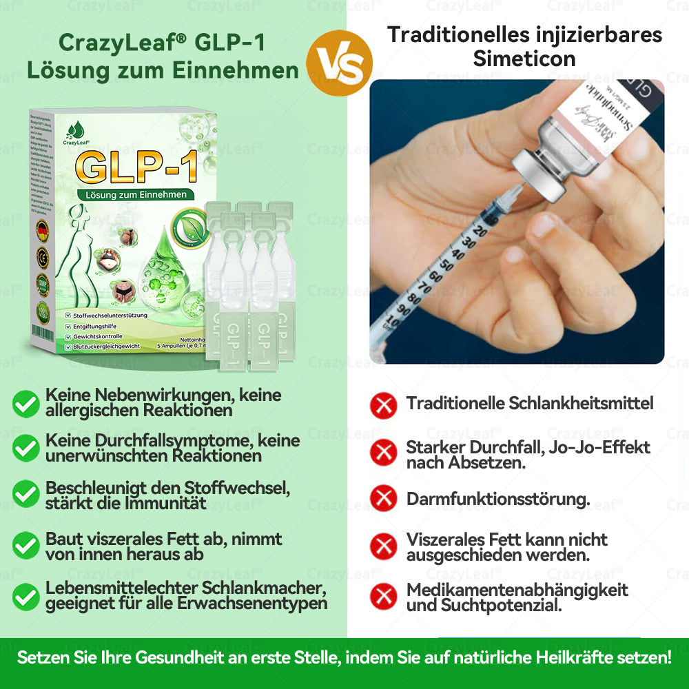 CrazyLeaf® GLP-1 Lösung zum Einnehmen 🍀 Nur 1x pro Woche, erste Veränderungen in 7 Tagen sichtbar ✅ Für Adipositas, Herz-Kreislauf, Diabetes, Schlafapnoe, Gelenke und mehr 🍀