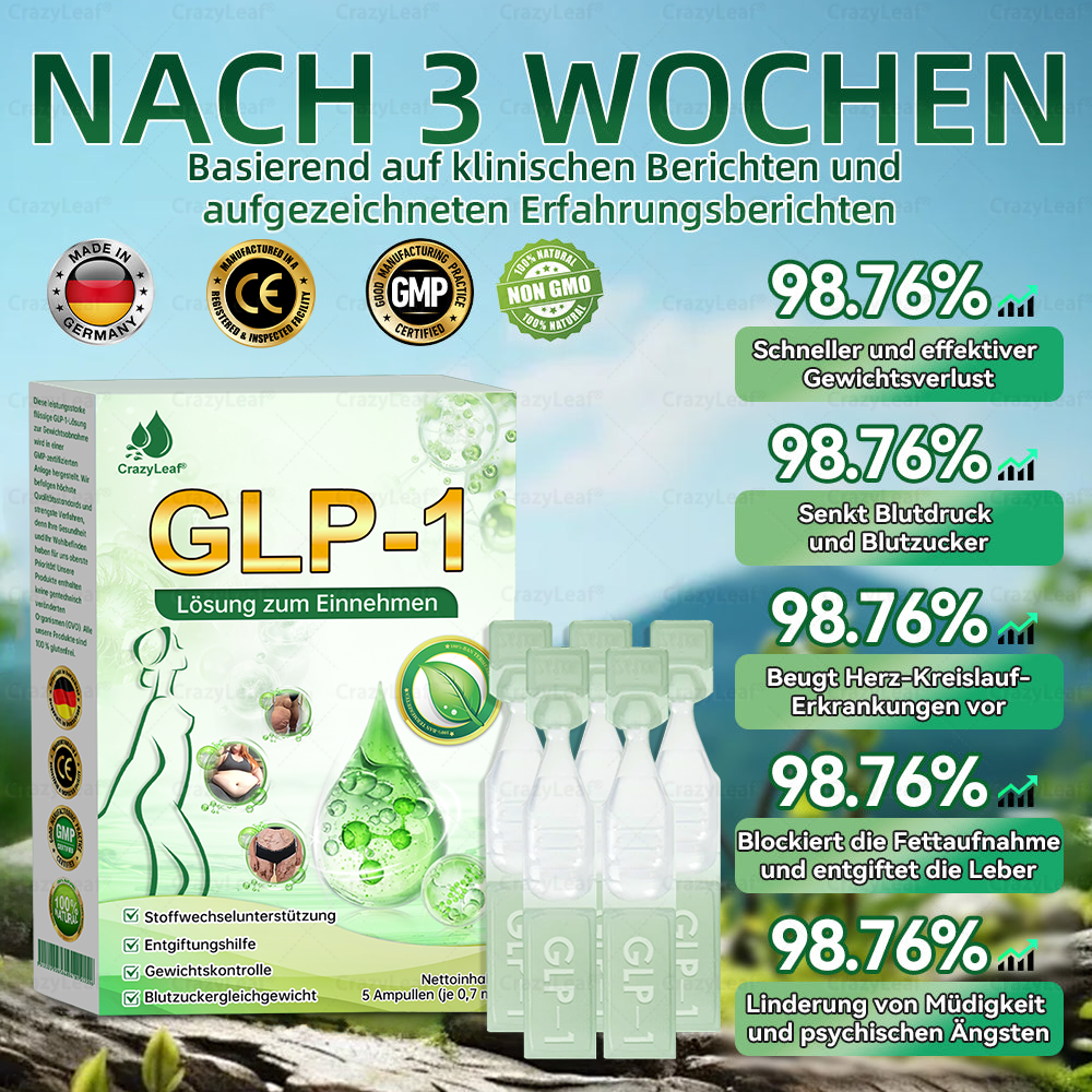 CrazyLeaf® GLP-1 Lösung zum Einnehmen 🍀 Nur 1x pro Woche, erste Veränderungen in 7 Tagen sichtbar ✅ Für Adipositas, Herz-Kreislauf, Diabetes, Schlafapnoe, Gelenke und mehr 🍀