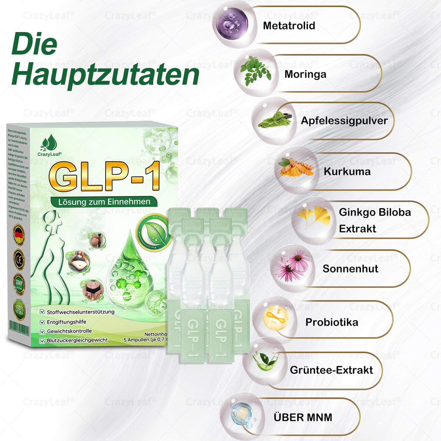 CrazyLeaf® GLP-1 Lösung zum Einnehmen 🍀 Nur 1x pro Woche, erste Veränderungen in 7 Tagen sichtbar ✅ Für Adipositas, Herz-Kreislauf, Diabetes, Schlafapnoe, Gelenke und mehr 🍀